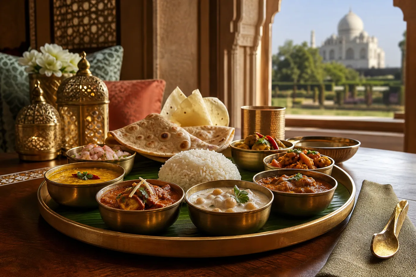 North Indian thali served in an elegant restaurant