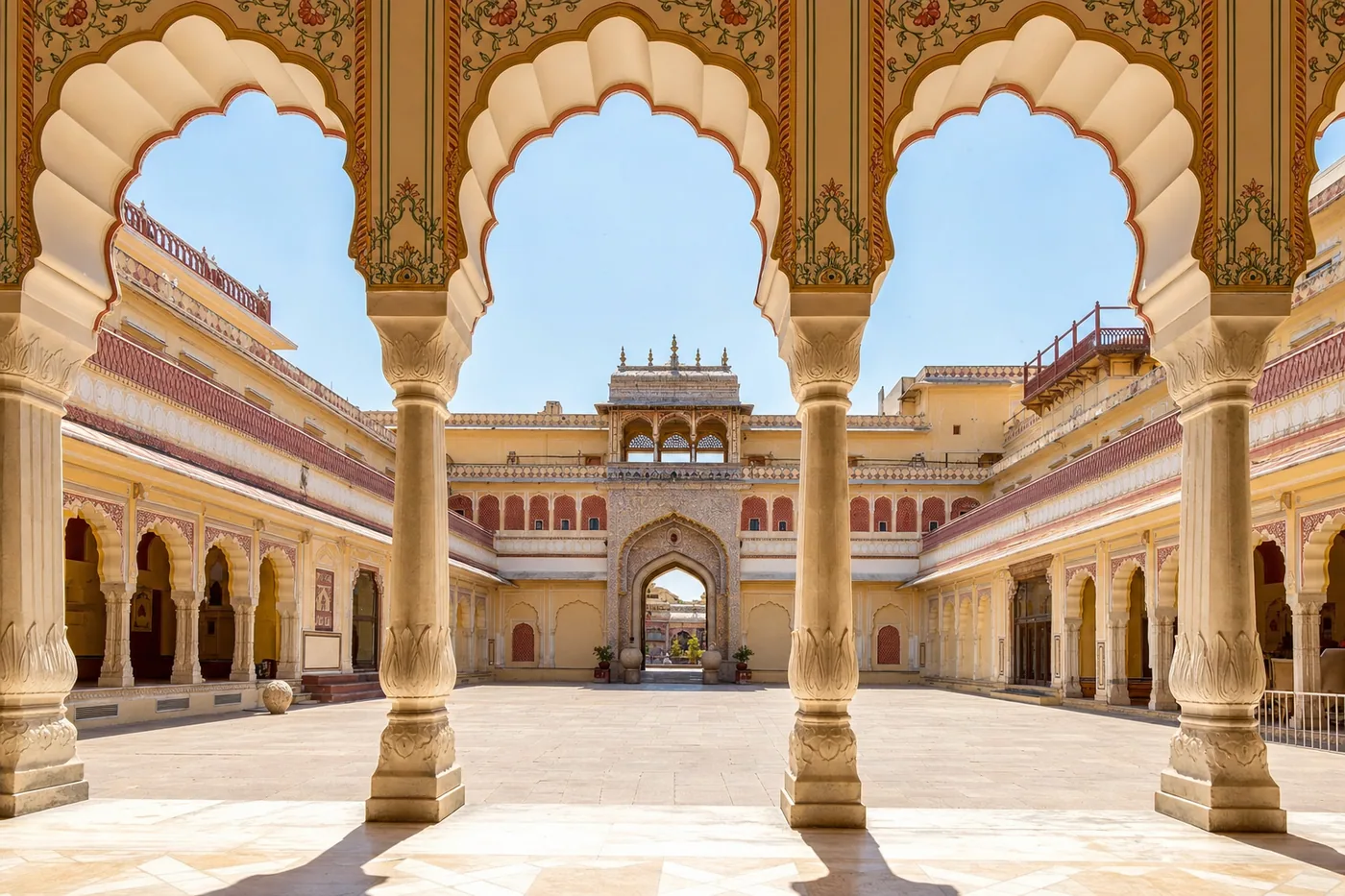 Ornate courtyard and arches inside Jaipur City Palace