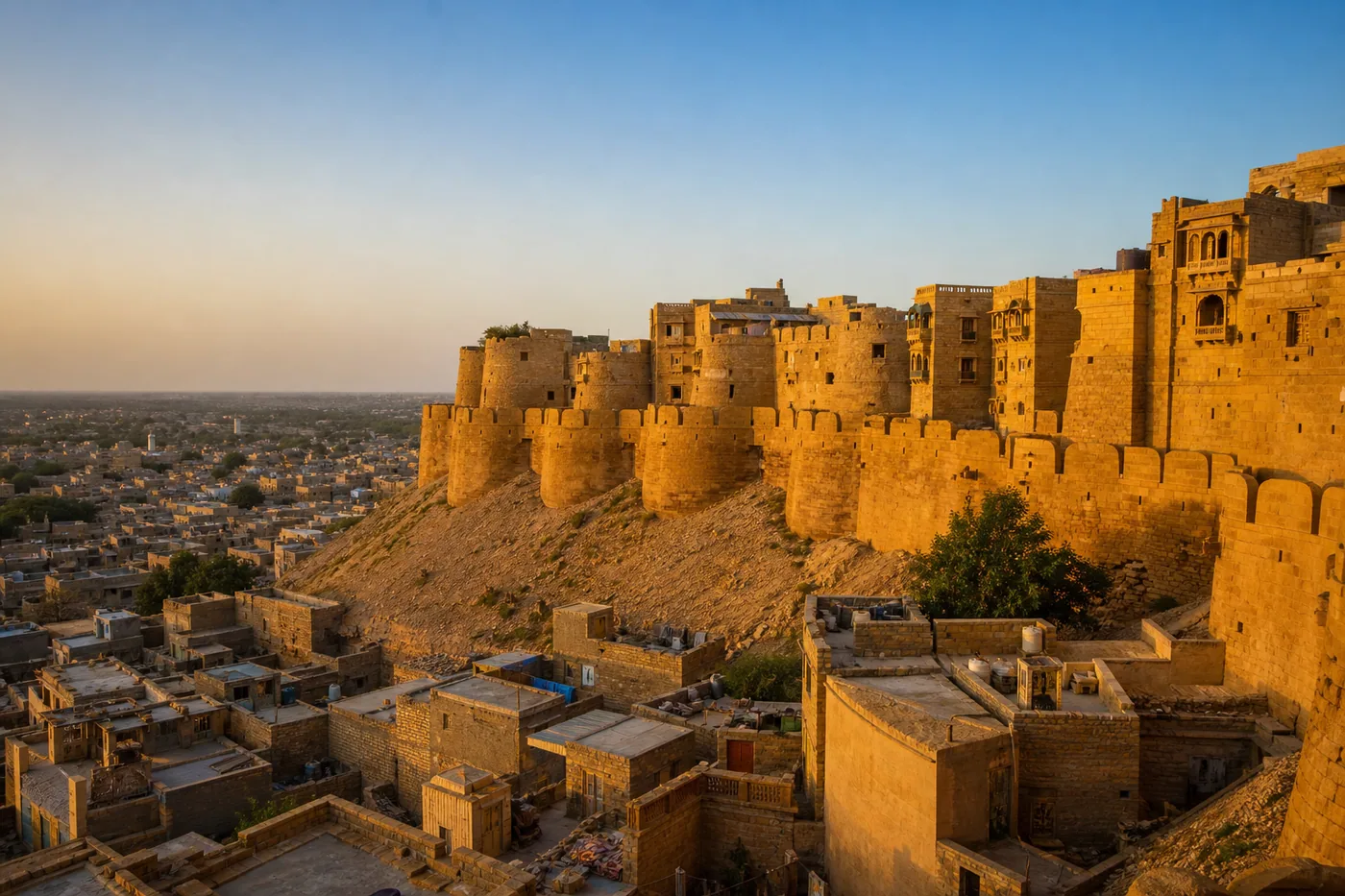Golden sandstone Jaisalmer Fort above the desert city