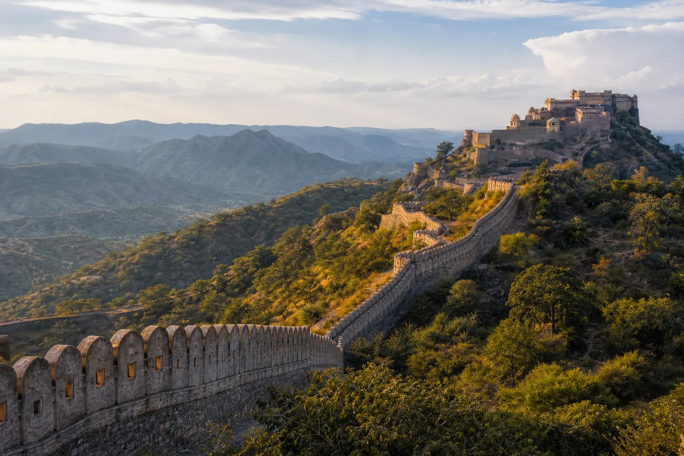 Kumbhalgarh Fort walls winding across the Aravalli hills