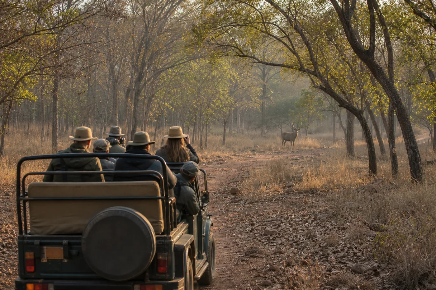 Open safari vehicle on a forest track in Ranthambore