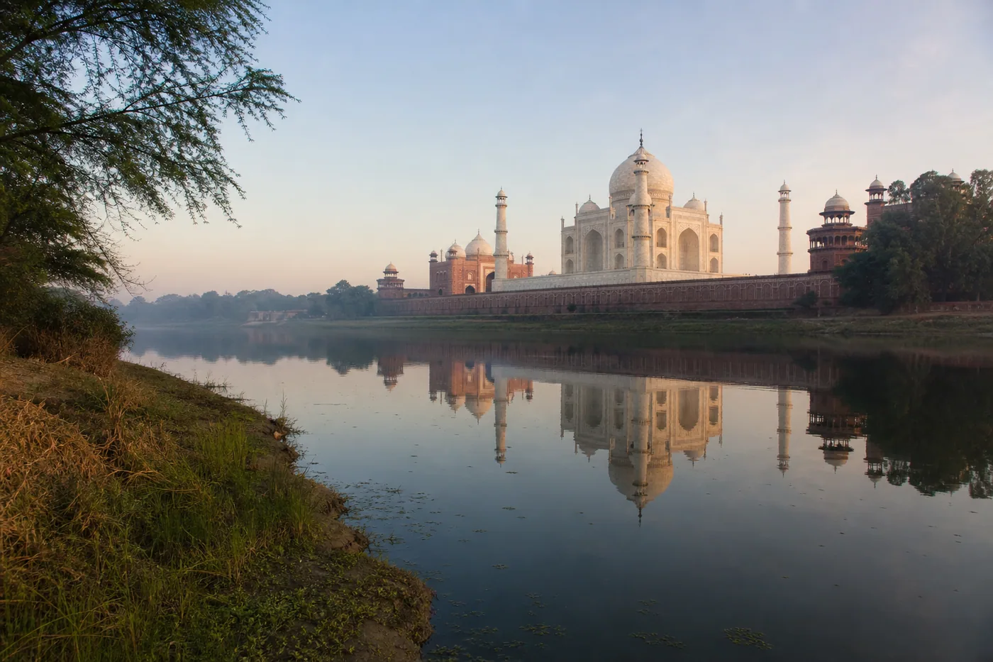 Taj Mahal reflected in the Yamuna River near Agra